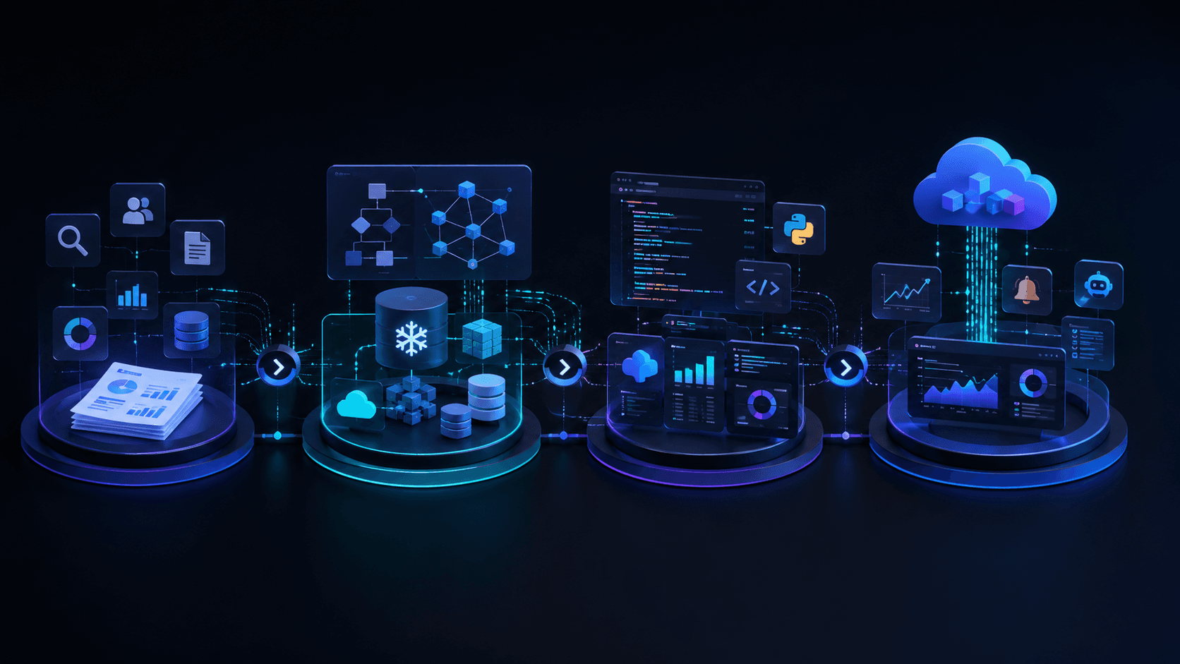 Illustration of the discovery, design, build and deployment stages connecting data, architecture and cloud delivery