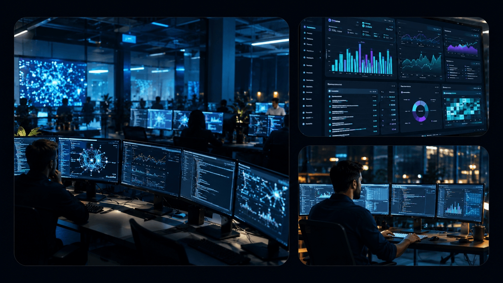 AI Data Consulting Partners engineers reviewing live analytics dashboards and data pipeline activity across multiple screens